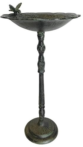 L'Héritier Du Temps Grand Bain Oiseau sur Pied en Fonte Bénitier à Poser Mangeoire Abreuvoir à Volatiles Patine Verte 36x36x75cm