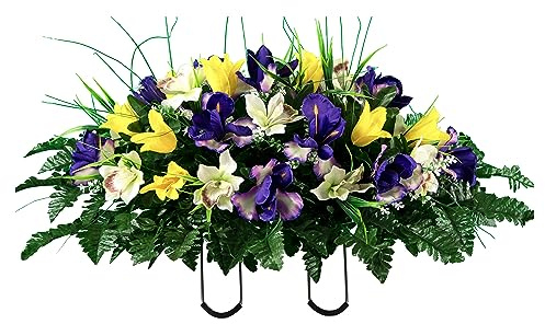 Sympathy Silks Artificial Cemetery Flowers - Grave Decoration - Yellow Tulip and Purple Iris (1) Headstone Saddle
