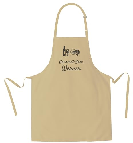 Wolimbo Kochschürze mit Namen - khaki - Grillschürze Küchenschürze personalisiert mit verstellbarem Nackenband - Schürze selbst gestalten mit Motiv