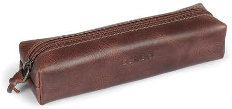 Londo Feder-, Bleistift- und Kosmetiketui aus echtem Leder mit Reißverschluss – Tasche für Schreibwaren - Braun