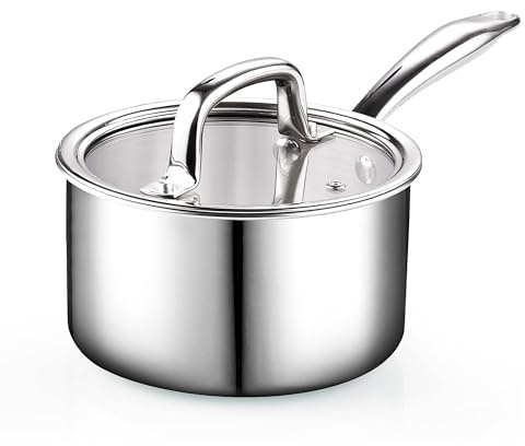 Cook N Home Stainless Steel Sauce Pan with Lid, 1.5 Quart Tri-Ply Full Clad Small Kitchen Pot, Dishwasher & Oven Safe, Induction Compatible Cookware