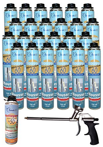 Dstock60 - Ensemble de 24 mousses expansives 750 Ml - 1 Pistolet - 1 Nettoyant mousse - Mousse polyuréthane professionnelle - Isole, colle et rebouche - Mousse pistolable - Extérieur et intérieur -
