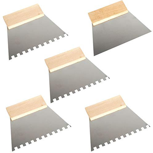 Toolty 5PCS Set - Steel Trowel 250mm - 4x4, 6x6, 8x8, 10x10mm Notch - Wooden Handle - for Adhesives, Mortars and Tiles - DIY - TLTY-S038