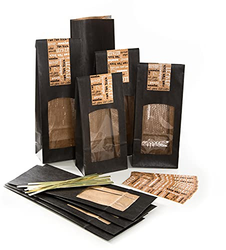 Logbuch-Verlag 10 Blockbodenbeutel mit Sichtfenster schwarz 8,5 x 5 x 26,5 cm mit Aufkleber SELBSTGEMACHT - Verpackung Lebensmittel Tee