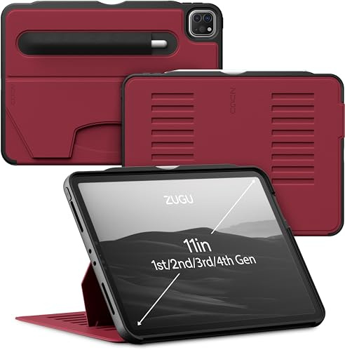 ZUGU iPad Pro 11 Hülle 2022/2021 / 2020/2018 4. / 3. / 2. / 1. Generation schlanke Schutzhülle 8 Winkel-Ständer magnetisch, Aufladen iPad Stiftes Auto Sleep/Wake Up [ iPadPro 11 Kirsche Rot ]