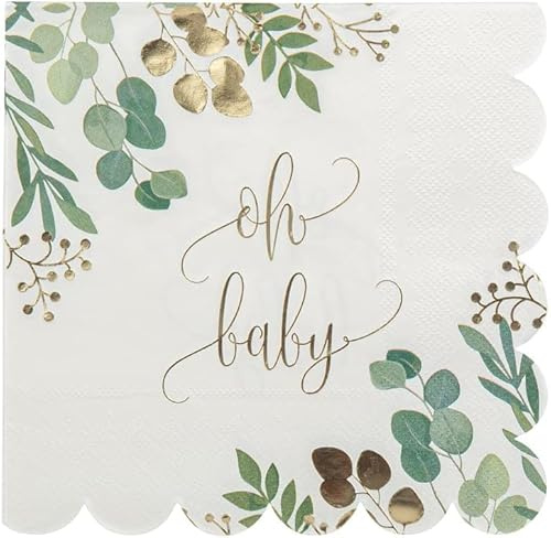 16 Servietten Babyparty OH BABY Botanical Eukalyptus Blätter-Kranz Tisch-Deko für Baby-Party Baby-Shower Taufe Geburt Junge & Mädchen unisex Farben weiß grün & gold