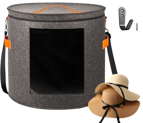 kushon Oversized Hat Storage Box for Women & Men，19 D x 17 H Cowboy Hat Boxes with 1 Wood Hook Felt travel Round Hat Organizer Box with Dustproof Lid (Gray)