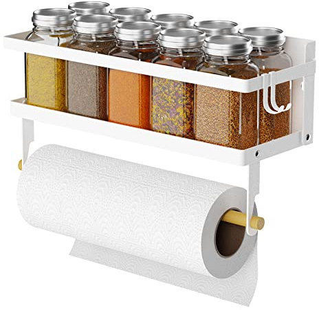 ARVINKEY Spice Rack Magnetic Shelf with Paper Towel Holder Roll and Hooks, Foldable Refrigerator Magnetic Spice Holder, Seasoning Organizer Hanging Spice Storage Stand for Kitchen, White