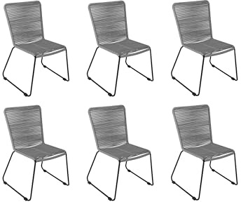 SAM 6er Set Outdoor-Seilstuhl ISRA, Farbe Grau, schwarzes Eisen-Gestell | Seilbespannung aus Polyester, Gartenstuhl/Rope Chair im modernen Design, für Balkon & Terrasse und Garten