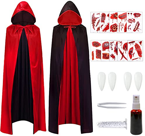 Sunshine smile Cape Vampire Rouge Noir Avec Capuche, Taille 170cm | Accessoires : 2 Dents, 1 Faux Sang, 10 Tatouages Temporaires Pour Costume Halloween (170cm)