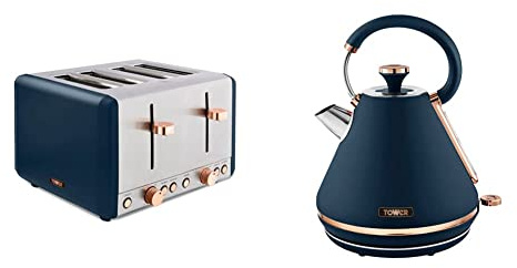 Tower T20051MNB Cavaletto 4-Slice Toaster with Defrost/Reheat & T10044MNB Cavaletto Pyramid Kettle with Fast Boil, Detachable Filter, 1.7 Litre, Midnight Blue and Rose Gold