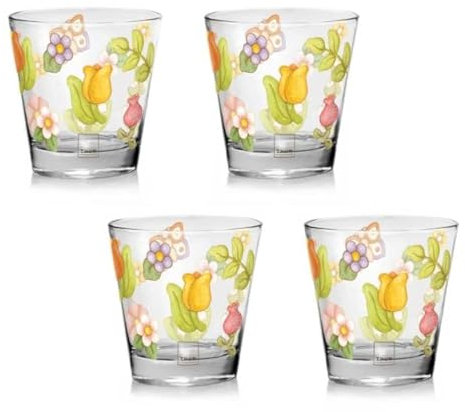 THUN, Set di 4 Bicchieri in Vetro Decorato con Motivi Floreali, Linea Happy Country, 12.5 cm h, 300 ml