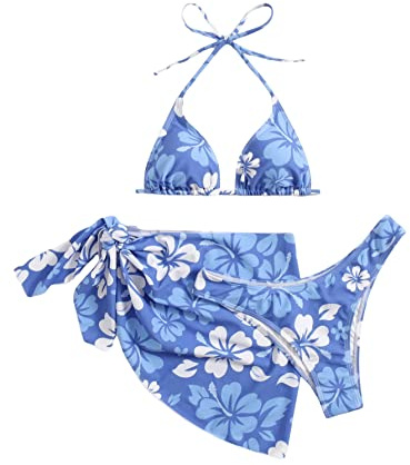 GORGLITTER Bikini med kjol, damset, 3 delar, trekantig bikini, sexig baddräkt, halterneck, bikini med blommor, badmode, baddräkt, blå, L