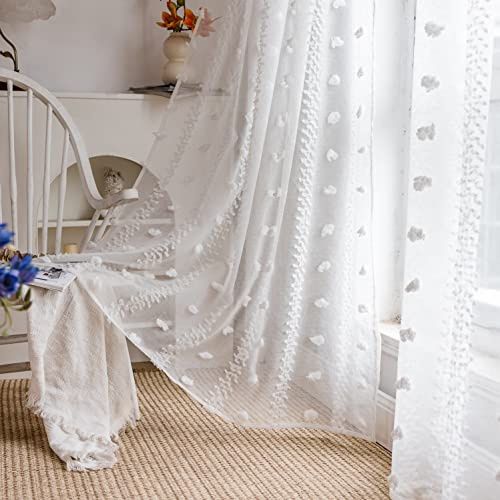 SASIGAYA Gardinen Transparente Boho Weiß Voile Vorhänge 132×214cm Durchsichtige Vorhang Dekoschal Pompons Vintage Landhausstil Bauernhaus Vorhänge 2 Stück für Modern Küche Wohnzimmer Schlafzimmer