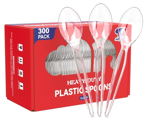 JOLLY CHEF [300 Count] Clear Plastic Spoons, Heavy Duty Disposable Spoons Utensils, Clear Plastic Silverware Bulk for Party, Birthday, Wedding, Thanksgiving