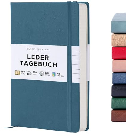 BEECHMORE BOOKS linjerad anteckningsbok – A5 havsblå | premium inbunden journal veganskt läder tjockt 120 gsm gräddfärgat papper | presentidéer för författare, journalers, affärsmöten och studenter