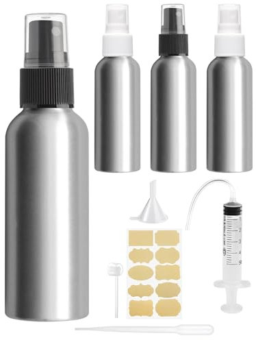 Bohoray 4 Piezas 100ml Bote Spray Pulverizador de Aluminio,Spray Agua Pulverizador Con Etiqueta,Embudo, Jeringa,Reutilizables Botellas de Spray de Vacío Para Aceite Esencial,Aromaterapia,Perfume,Viaje
