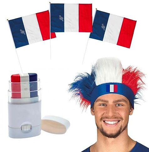SPARKLERS CLUB Kit Supporter France Allez les Bleus - 5 Accessoires, 1 Coiffe Chevelue, 1 Maquillage à bande Bleu Blanc Rouge, 3 Drapeaux France + Baguette 30x45cm - FOOTBALL/RUGBY/FOOT EURO 2024