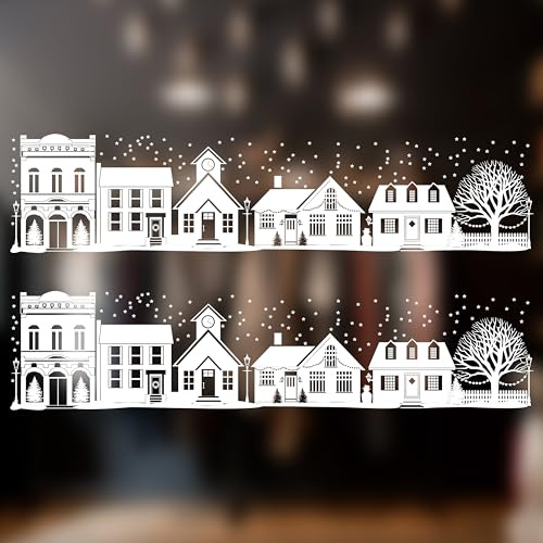 2 x große Weihnachts-Fensteraufkleber – Weihnachten Winter Dorf Straßenszene Fensterbordüre – saisonale Fensterdekoration