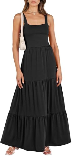 ANRABESS Women's Summer Casual Long Maxi Beach Vacation Dresses Sleeveless Square Neck Flowy Tiered Sun Dress with Pockets Black Small