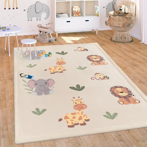 Paco Home Teppich Kinderzimmer Baby Krabbeldecke Krabbelmatte Waschbar rutschfest Regenbogen Planet Sonne Tiere Weich, Grösse:200x280 cm, Farbe:Beige