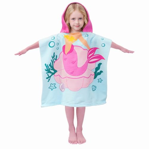 growell Hooded Kids Beach Towels - Toddler Bath Towel Girls Boys Swim Cover-ups for Ages 1 to 6 Kids Pool Towels Quick Dry Lightweight Soft Microfiber Poncho Towel 24x23 (Mermaid Seashell)