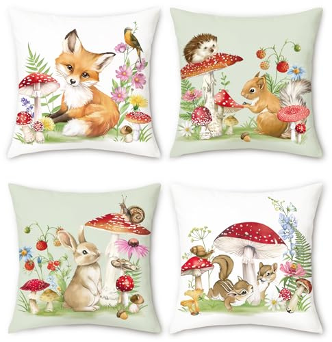 Bonhause 4er Set Kissenbezug 45 x 45 Waldtier Fuchs Kaninchen Eichhörnchen Pilz Dekorative Kissenhülle Zierkissenbezüge für Sofa Garten Kinderzimmer Dekoration