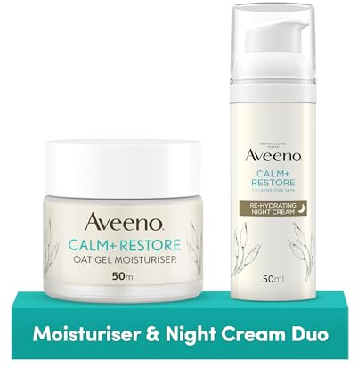 Aveeno Face Calm+Restore Day & Night Moisturiser Duo | Intensely Nourishing Bundle with Aveeno Oat Gel Moisturiser (50ml) and Rehydrating Night Cream (50ml) Developed for Sensitive Skin