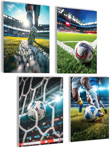Fussball Poster Set Stadion Action Fotografie Modernes Wandbild mit Fussball Ball Spieler und Spielfeld Sport Wanddeko für Wohnzimmer Jugendzimmer Büro Fitnessraum Geschenk für Fussball Fans