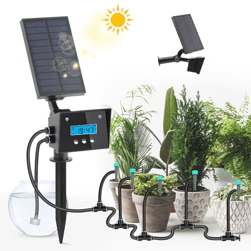 Système d'irrigation solaire automatique, kit d'irrigation goutte à goutte à énergie solaire avec batterie de 2200 mAh, détection de pluie et écran LCD, système d'irrigation intérieur et extérieur,