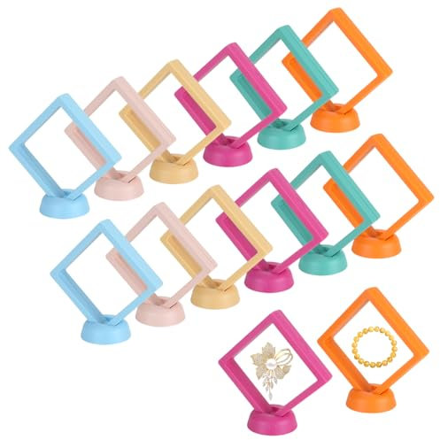 QUMENEY 12 Stück 3D Floating Frame Display Halter Transparent Display Stand Box mit Basis Münzhalter für Halskette Ring Armband Ohrring Schmuck Medallion Challenge Münzstempel 9×9 cm (6 Farbe)