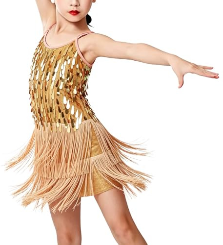 LOLANTA Traje de Baile con Flecos de Lentejuelas para Niñas, Conjunto de Baile Latino Salsa Rumba para Niños, Brillantes Minivestido Flecos Sin Mangas con Pantalón Corto, Oro, 8-9 años, 140
