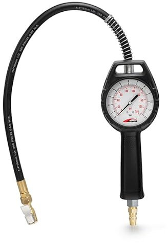 Accufill 80mm Dial Tyre Pressure Gauge Air Tyre Inflator with Hose & Clip-On Chuck, Multi Scale, Lightweight Diecast Bodyfor Car, Motorcycle & Bicycle
