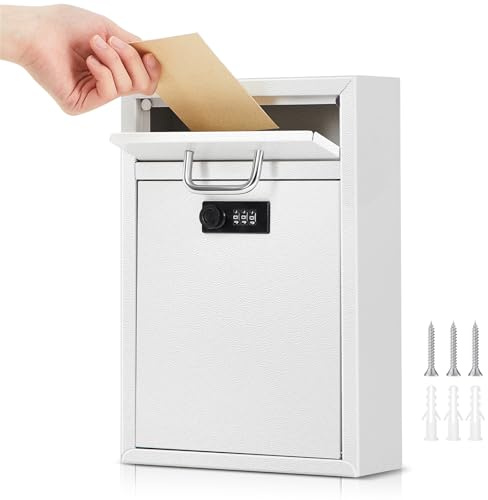 Yaocom Wall Mount Mailbox with Combination Lock Large Locking Security Mailbox for Outside Secured Mail Drop Lockable Hanging Metal Postbox Collection Box(White,12 x 8.5 x 3 Inches)