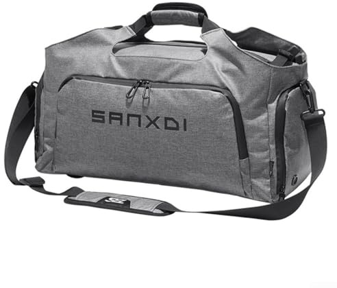 Bolsa de gimnasio grande de diseño eficiente con sección dedicada para zapatos, ideal para atletas de viaje y entusiastas del fitness, como lo muestra la imagen, gris