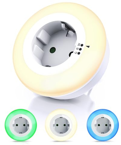 CSL - Nachtlicht Steckdose mit Dämmerungssensor - LED Nachtlampe mit Helligkeitssensor - Auto ON OFF - Orientierungslicht mit 3 Lichtfarben Warmweiß Blau Grün - Kinder Erwachsene Senioren