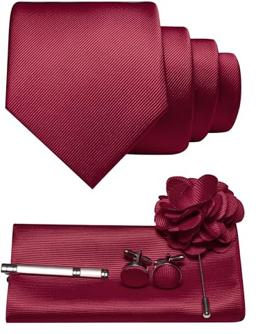 JEMYGINS Cravatta Uomo in Twill con Design Monocromatico Incluso Quadrato da Taschino, Gemelli, Fermaglio per Cravatta e Spilla con Fiori Set Regalo per Feste, Business, Matrimoni, vinaccia, M