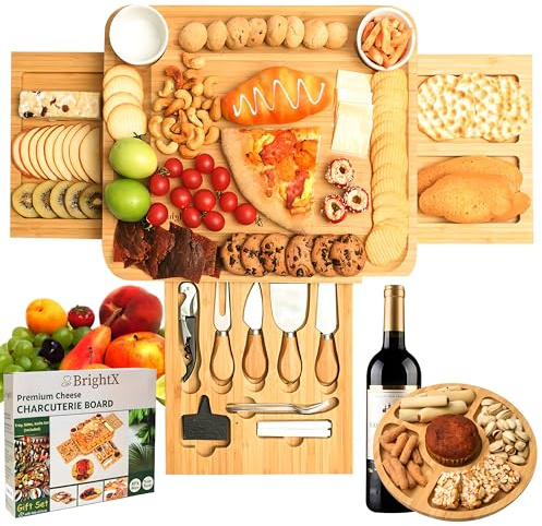 Cheese Charcuterie Board with Tray, Platter, Accessories, Utensils, Knife Set & Sides - Meat & Cheese Tray | Large Bamboo Round Wooden Serving Board Gift Set for Family Hosting, Wedding, Housewarming