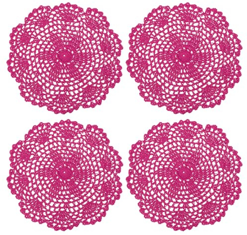 sourcing map Spitzendeckchen, 4 Stück, 20,3 cm, Baumwolle, gewebt, rund, gehäkelt, Untersetzer, Blumendesign, Stoff, handgefertigt, Platzset für Getränke, Hochzeit, Party, Dekoration (Rosenrot)