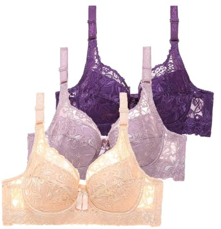 3 Pezzi Reggiseno con Ferretto Taglie Forti Pizzo Push Up Comodo Reggiseno Imbottito Cinghie Regolabili Bralette Donna