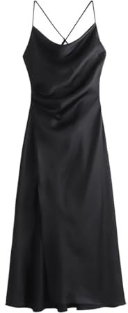 Robe midi en satin avec bretelles spaghetti et col bénitier et ourlet fendu pour femme, Noir , L