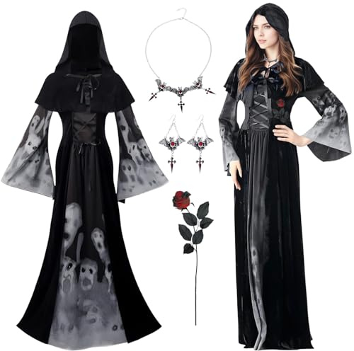Bruja Disfraz Vampiresa de Mujer, Fantasma Capa Con Capucha y Vestido, Adulto Disfraz de Halloween Dama Traje de Vampiresa Sacerdotisa para Halloween, Carnaval y Disfraces Fiesta
