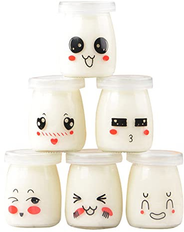 Ipetboom Lot de 6 Bouteilles de Pudding en Verre 200 Ml Pots de Yaourt Couvercle Étanche Design Mignon Chaleur pour