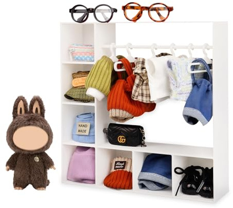Armario grande con 10 perchas, caja de exhibición de accesorios para muñecas, almacenamiento de ropa para figuras, almacenamiento portátil para ropa de muñeca de moda, regalo (blanco)