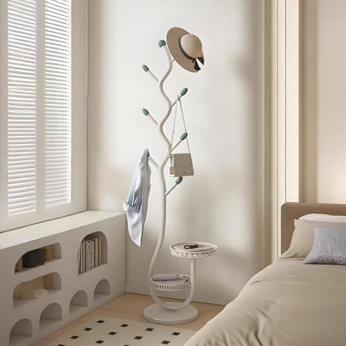 TETK Baumförmiger Garderobenständer mit 2 Ablagen, Kohlenstoffstahl Weiß mit Ablage, 8 Haken, Jackenständer Stehend, Hanger Stand, Lackiert, Garderobenständer Stabil, 29×29×170cm (Weiß)