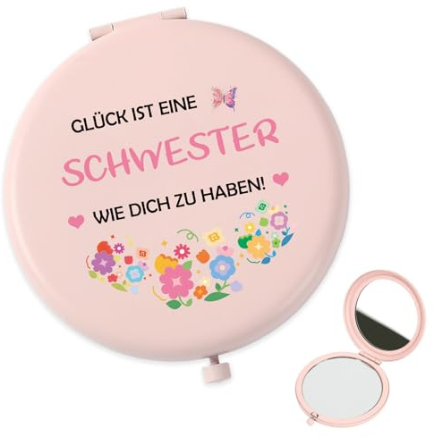 QWZify Schwester Geschenk Schwester Geburtstagsgeschenk, Rosa Taschenspiegel Kosmetikspiegel Vergrößerungsspiegel Taschenspiegel Klappbar Reisespiegel, Kleine