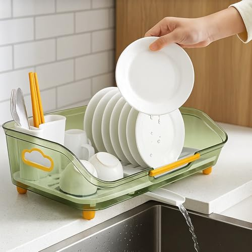 SUNNYNEST Dish Drainer Rack with Drip Tray 44X28X13CM Space-Saving Dish Drainer with Utensil Holder Cutlery Tray Silverware Cup Dryer Storage Organizer Countertop Space Saver for Kitchen Sink (Green)