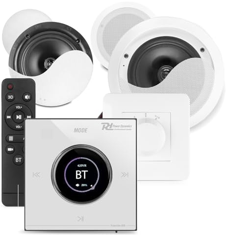 Powerline B50W 2-Zone Bedroom and Bathroom Sound System Bluetooth Wall Amplifier Bundle with 4x 6.5 Ceiling Speakers and 50m White Speaker Cable