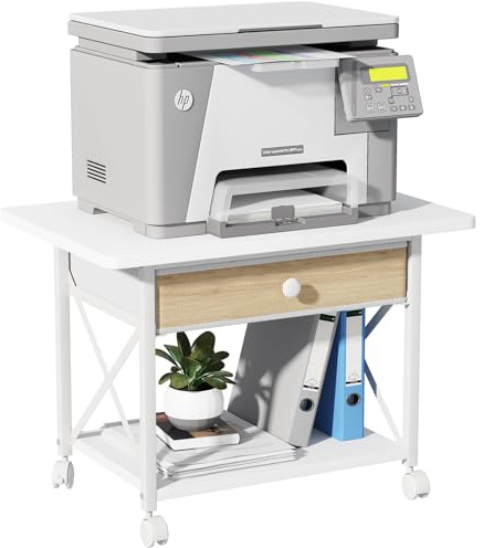 fineway 2-Ebene Druckertisch mit Rollen, 60x40x43cm Druckerständer Schreibtisch mit Stoffschubladen, Multifunktional Druckerwagen, Mobil Drucker Regal für Büro Zuhause Office Schule