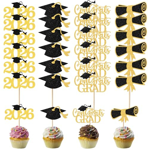 24 Cupcake-Topper zur Abschlussfeier 2026, Dekorationen für die Abschlussfeier in 4 verschiedenen Stilen, Tortendekorationen für 2026, Tortenaufsatz mit Absolventenhut, Diplom und Glückwunsch-Schild